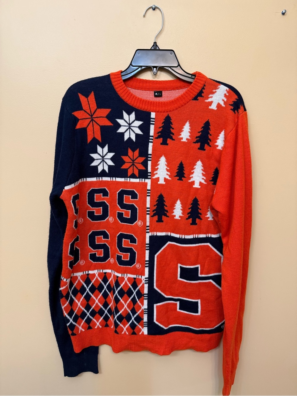 Source Unknown Men's Orange & Navy Patchwork Crewneck Sweater Syracuse univ